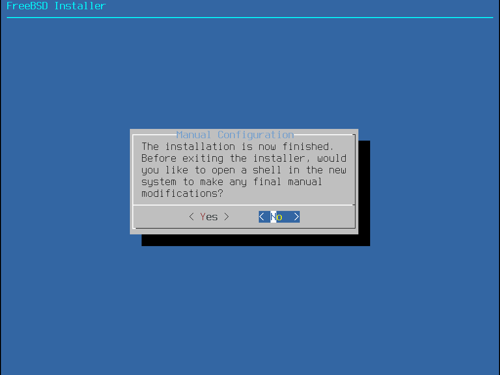 Menu showing that the installation has finished. And asking if a shell to make manual changes should open.