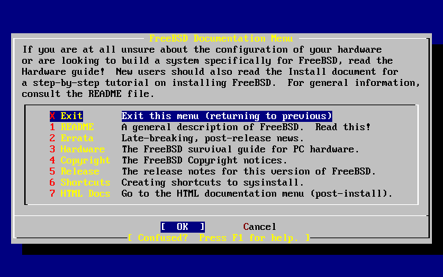 Sysinstall ドキュメントメニュー