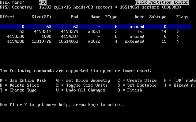編集する前の典型的な fdisk 構成