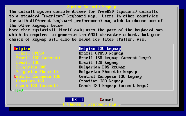 Sysinstall キー配列メニュー