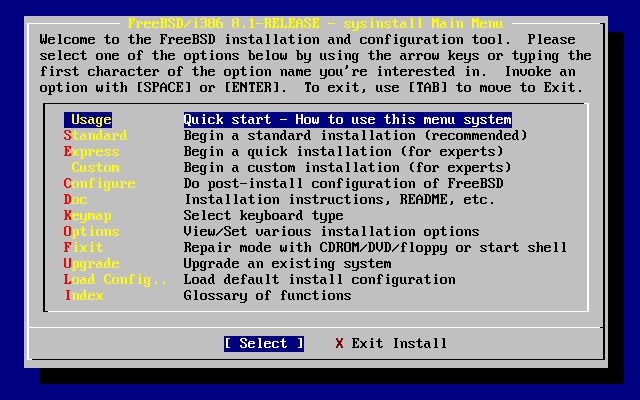 Sysinstall のメインメニューから Usage を選択